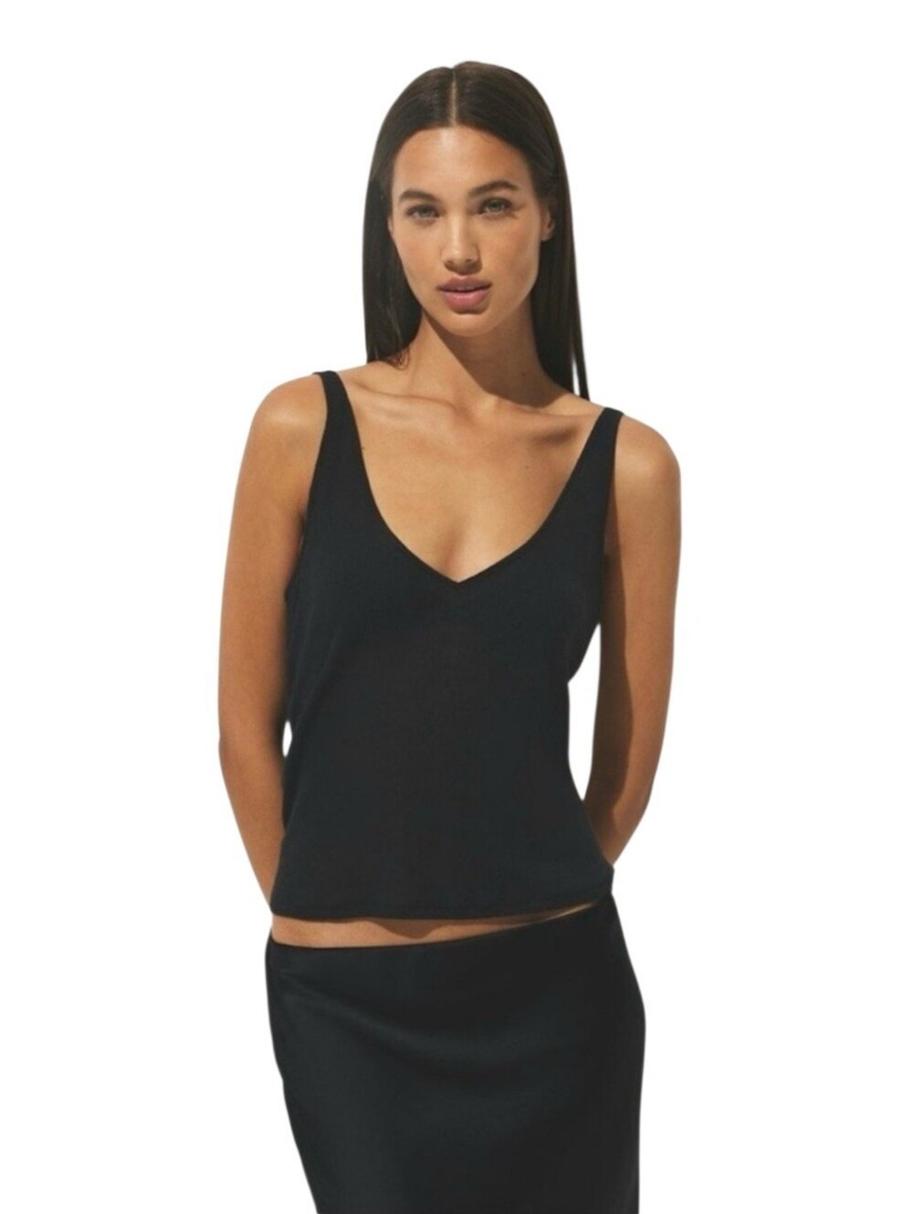 NWT SKIMS Sheer Cotton Rib V Neck Tank Top Black Soot Extra Large XL